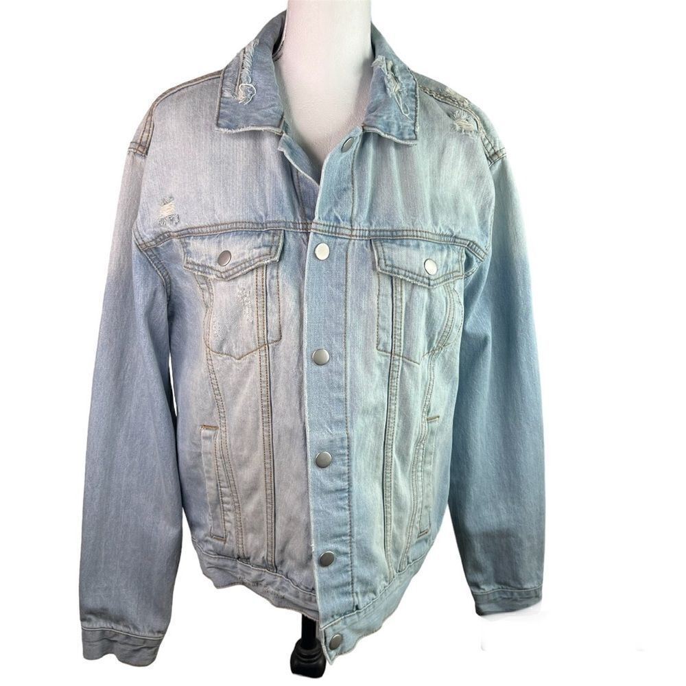 Forever 21 Distressed Acid Wash Light Blue Faded Denim Jean Men’s Jacket  Sz M